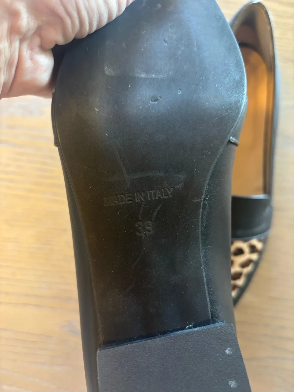 Black Leather Loafers with Leopard Toe Accent